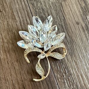 Crystal Floral Bow Brooch - Gold Tone Clear Crystal Pin